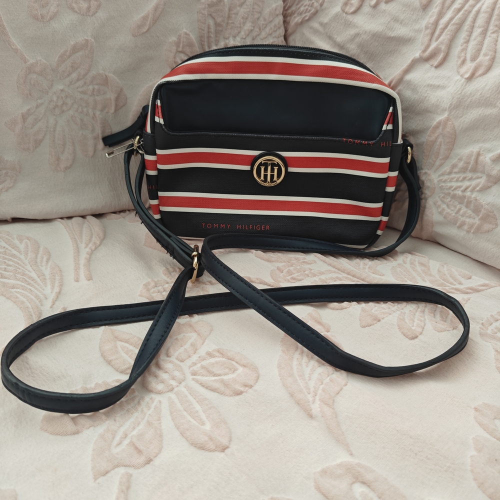 Tommy Hilfiger Navy and Red Striped Crossbody Bag